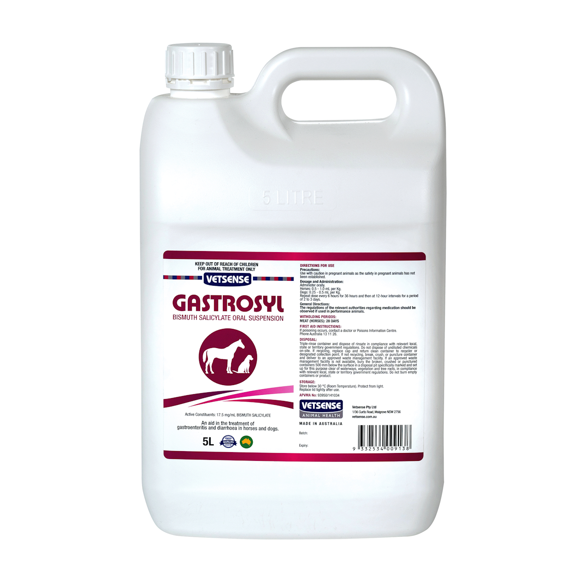 Vetsense Gastrosyl Gut Support Suspension for Dogs & Horses 5L pack