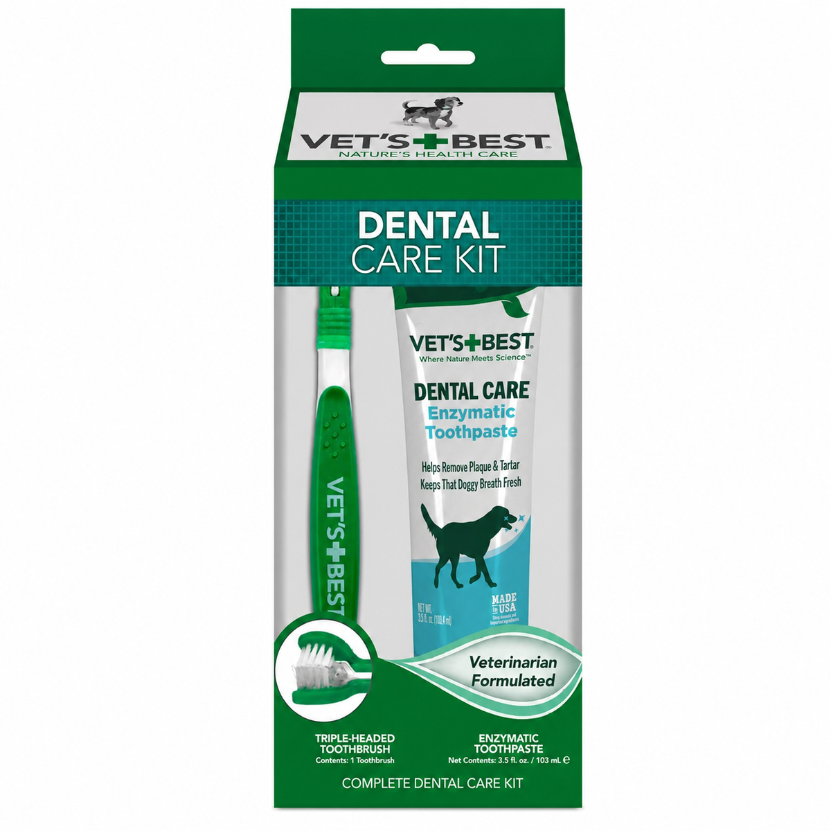 Vet's Best Enzymatic Dog Toothpaste and Toothbrush Kit, pack with toothpaste tube and triple-headed brush