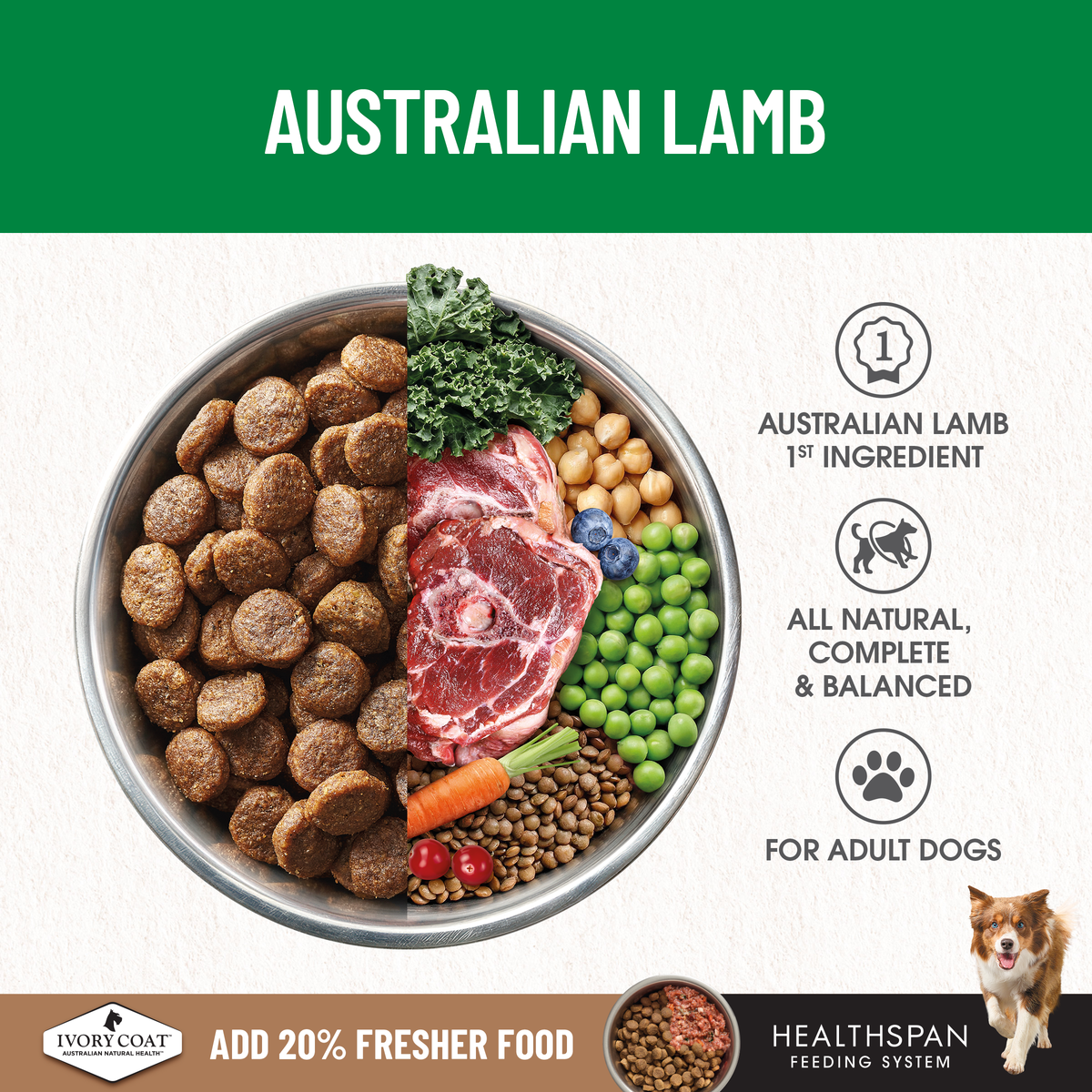 Ivory Coat Australian lamb as the first ingredient, shown with kibble and vegetables