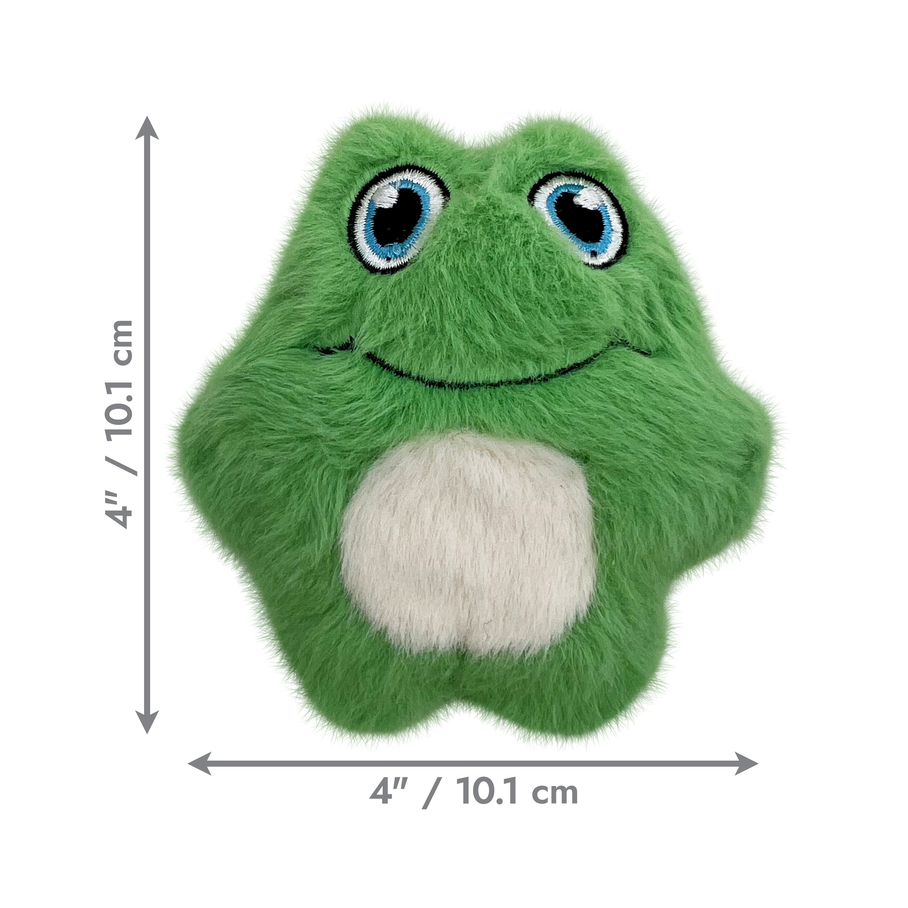 KONG Dog Toys Snuzzles Mini Frog shown with its dimensions labelled