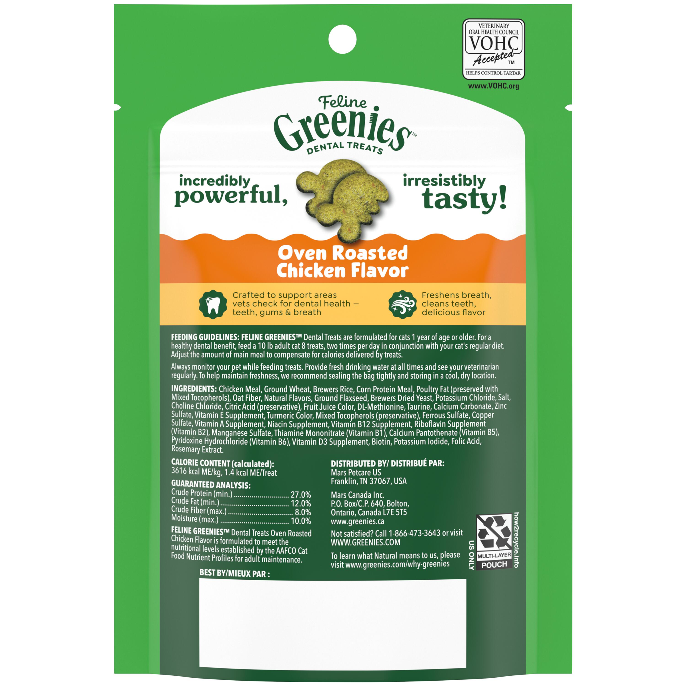 GREENIES Feline Dental Cat Treat Oven-Roasted Chicken Flavour back of pack