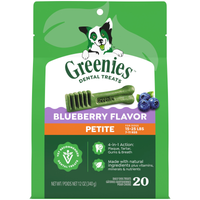 GREENIES Blueberry Flavour Petite dental treats for dogs 7 to 11kg, front of the 340g pack