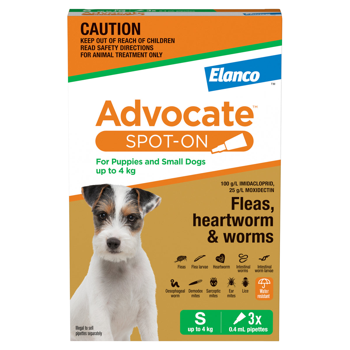 Advocate Spot-On for Puppies and Small Dogs up to 4kg, 3 x 0.4mL pipettes – front of new pack
