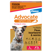 Advocate Spot-On for Dogs 10-25kg, 3 x 2.5mL pipettes – front of new pack