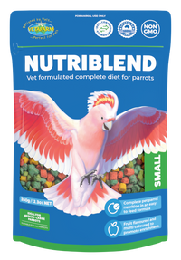Vetafarm Nutriblend Small pellets 350g bag, new blue pack with a pink galah, front