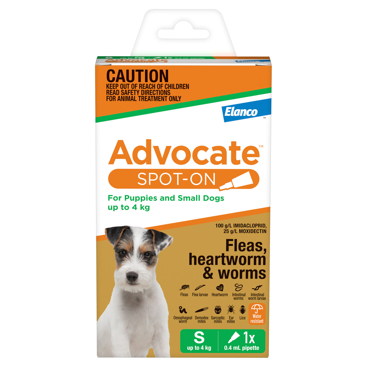 Advocate Spot-On for Puppies and Small Dogs up to 4kg, 1 x 0.4mL pipette – front of new pack