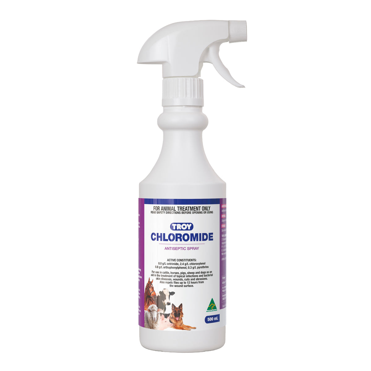 TROY Chloromide Antiseptic Spray 500ml – front of spray bottle