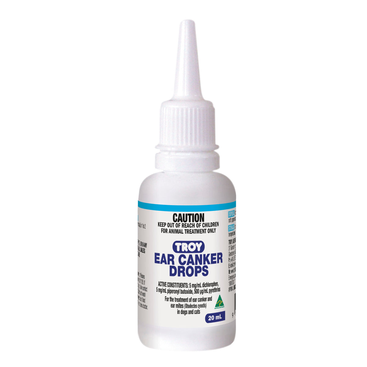 TROY Ear Canker Drops 20ml – front of dropper bottle