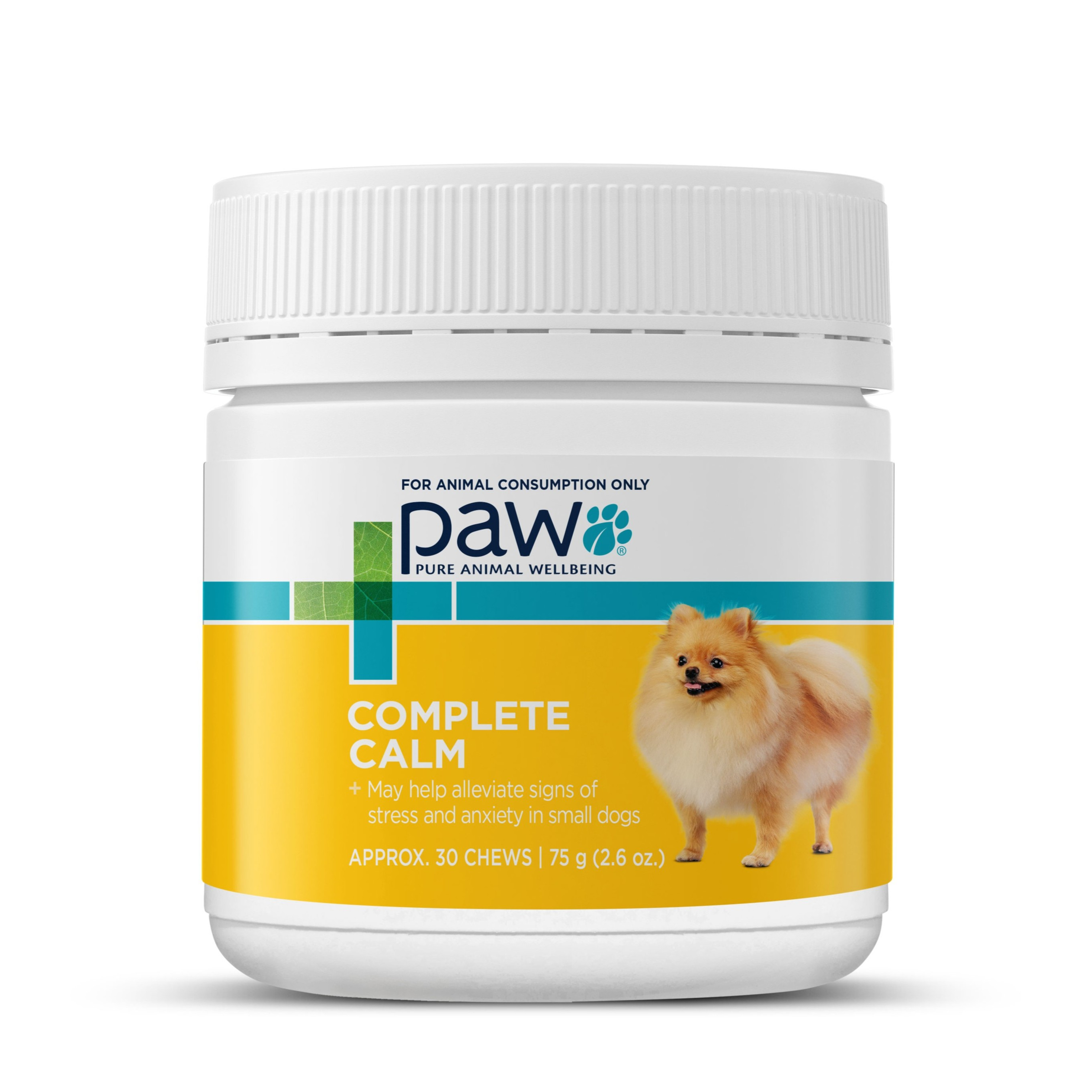 PAW Complete Calm for small dogs, small yellow tub with a pomeranian photo, front of pack