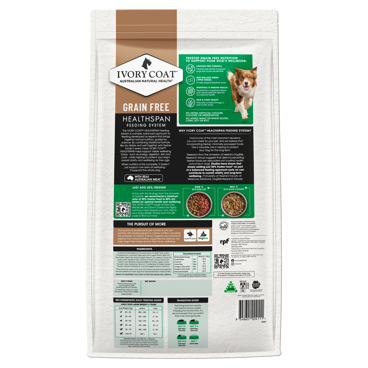 Back of the Ivory Coat Grain Free Lamb Large Breed Adult dry dog food bag