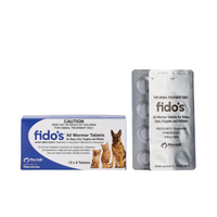 Fido's All Wormer Tablets for dogs, cats, puppies and kittens, 96 tablet carton with a blister strip beside it