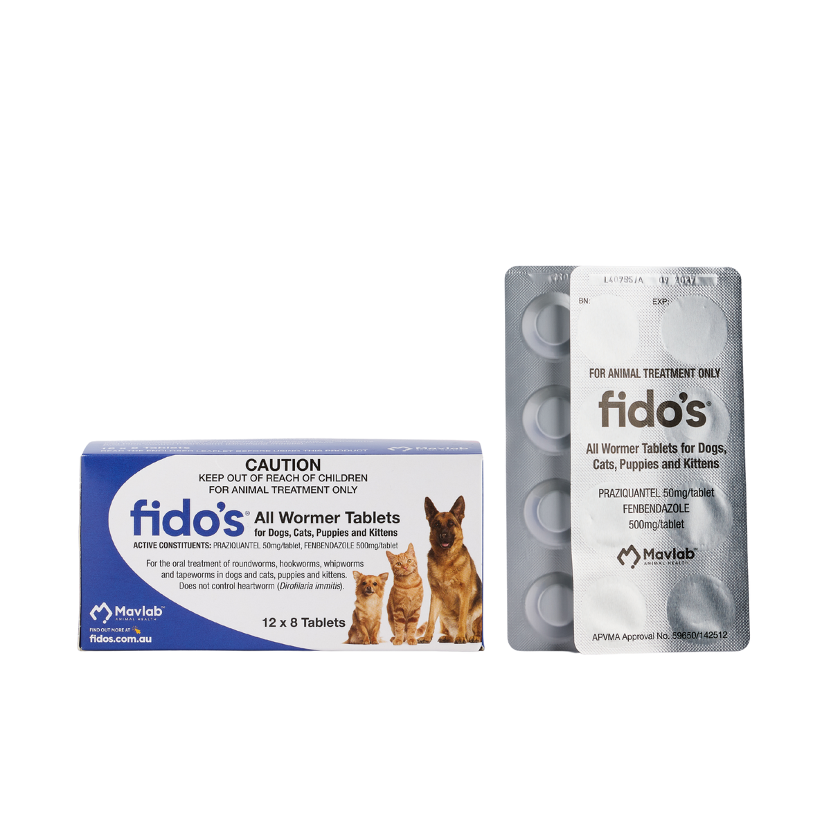 Fido's All Wormer Tablets for dogs, cats, puppies and kittens, 96 tablet carton with a blister strip beside it