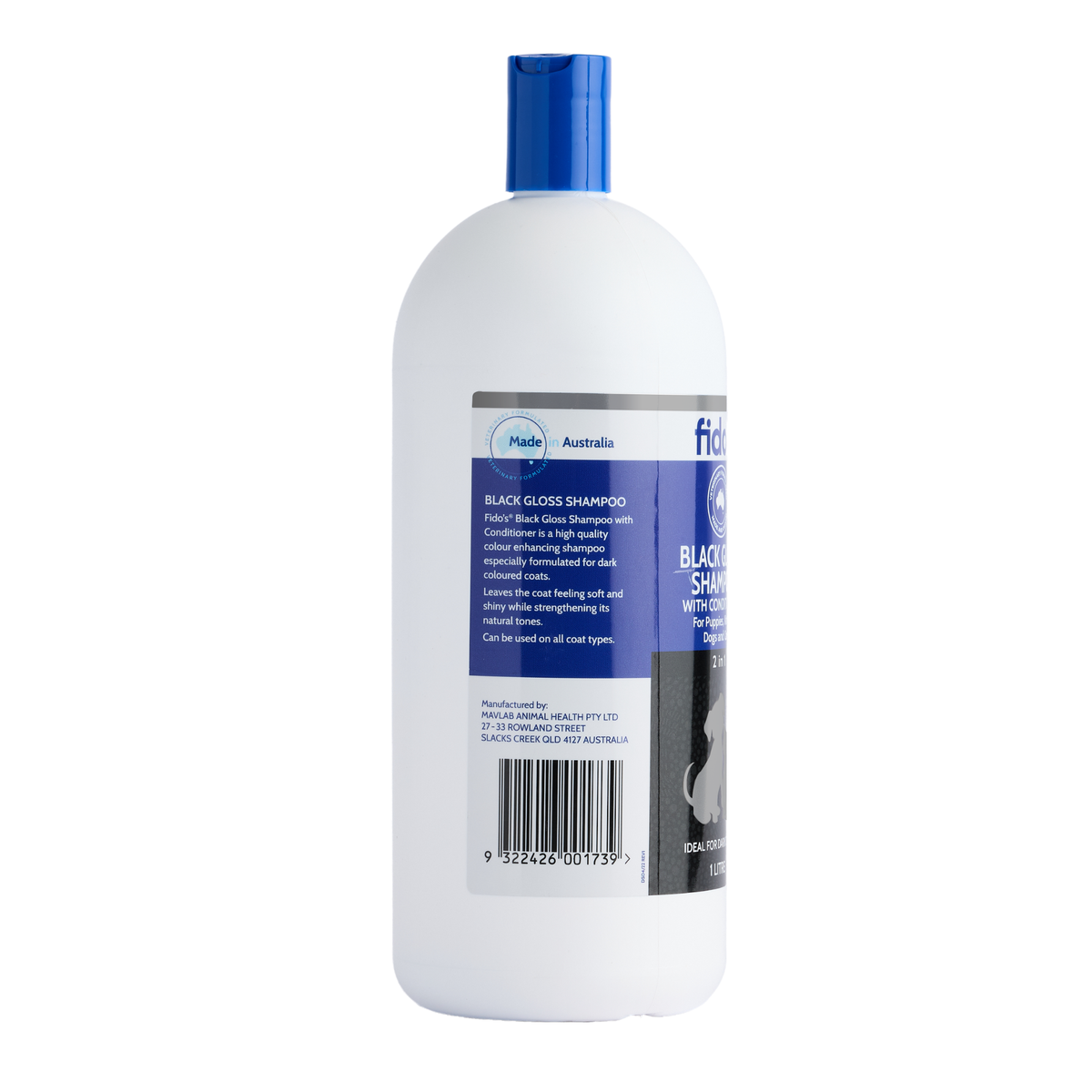 Fido's Black Gloss Shampoo & Conditioner 1 L bottle, left side of pack