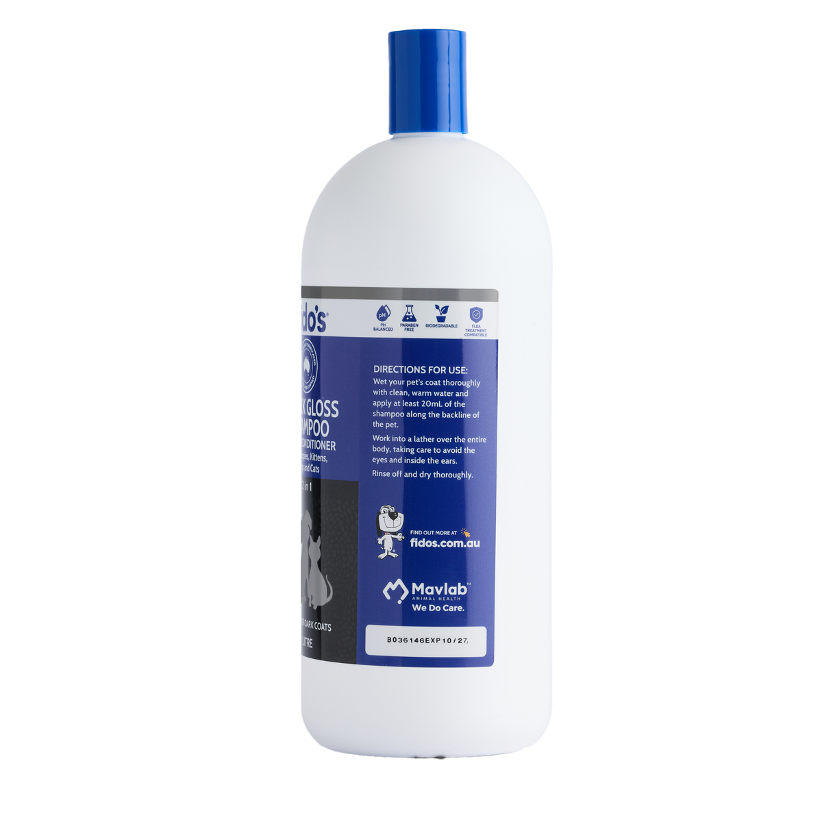 Fido's Black Gloss Shampoo & Conditioner 1 L bottle, right side of pack