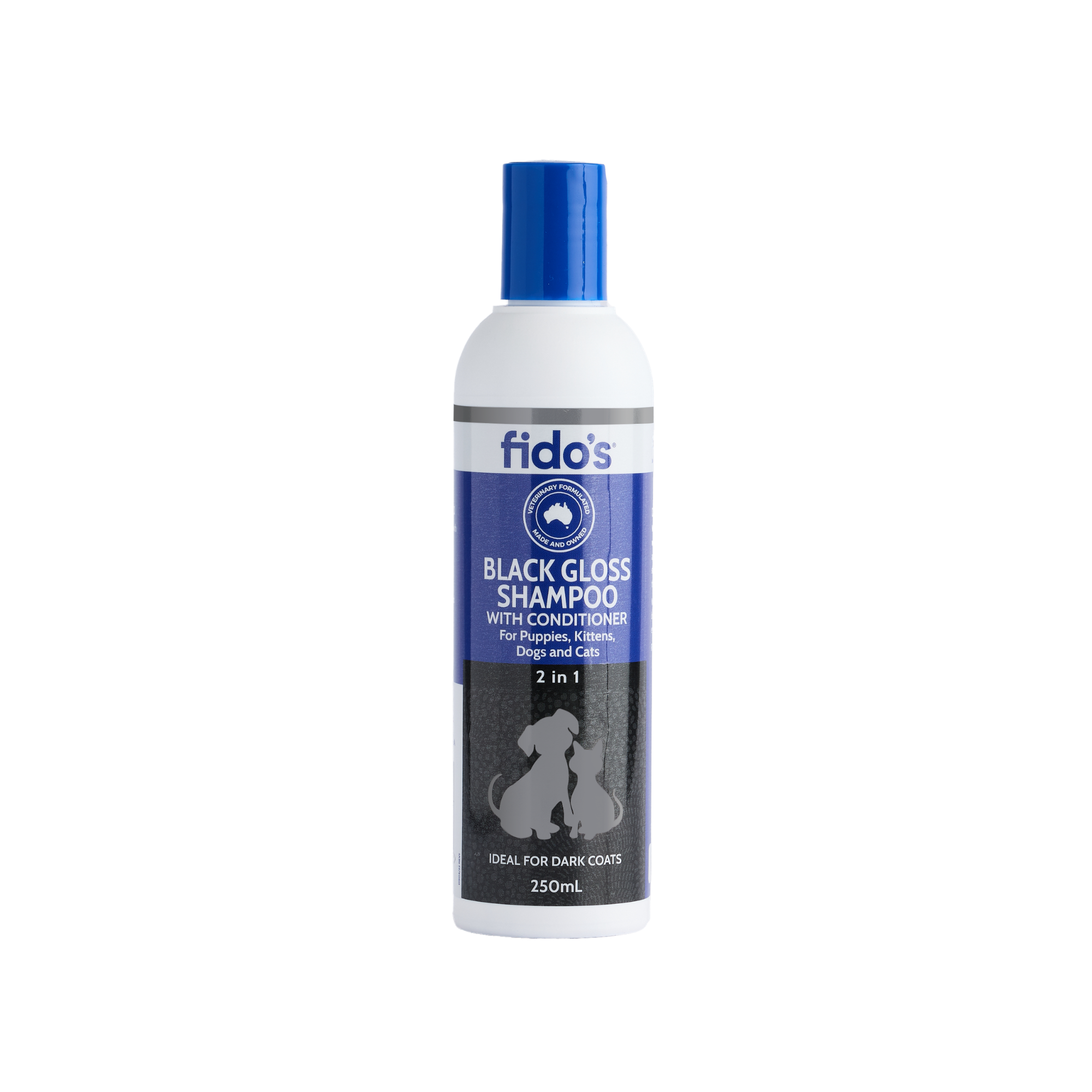 Fido's Black Gloss Shampoo & Conditioner for dogs and cats 250 mL bottle, front of pack