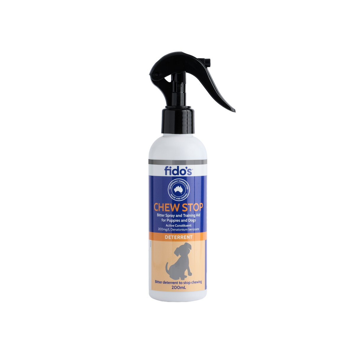 Fido's Chew Stop bitter spray and training aid for puppies and dogs, 200 mL trigger bottle, front of pack