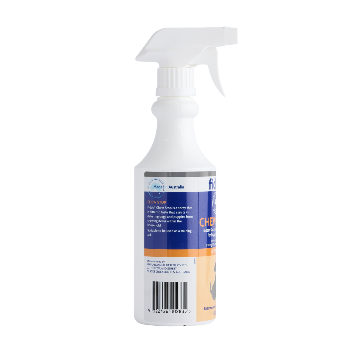 Fido's Chew Stop Spray 500 mL bottle, left side of pack