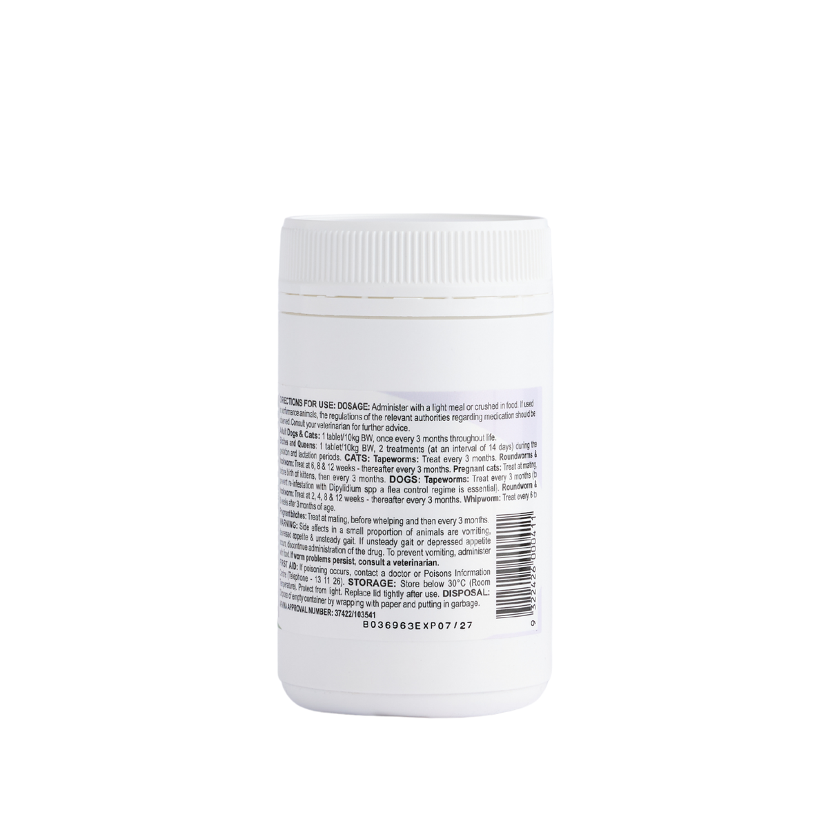Fido's Closasole wormer 100 tablet bottle turned to the directions panel and barcode