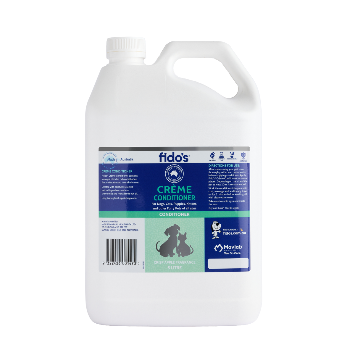 Fido's Creme Conditioner for dogs and cats, 5 L container with handle, front label
