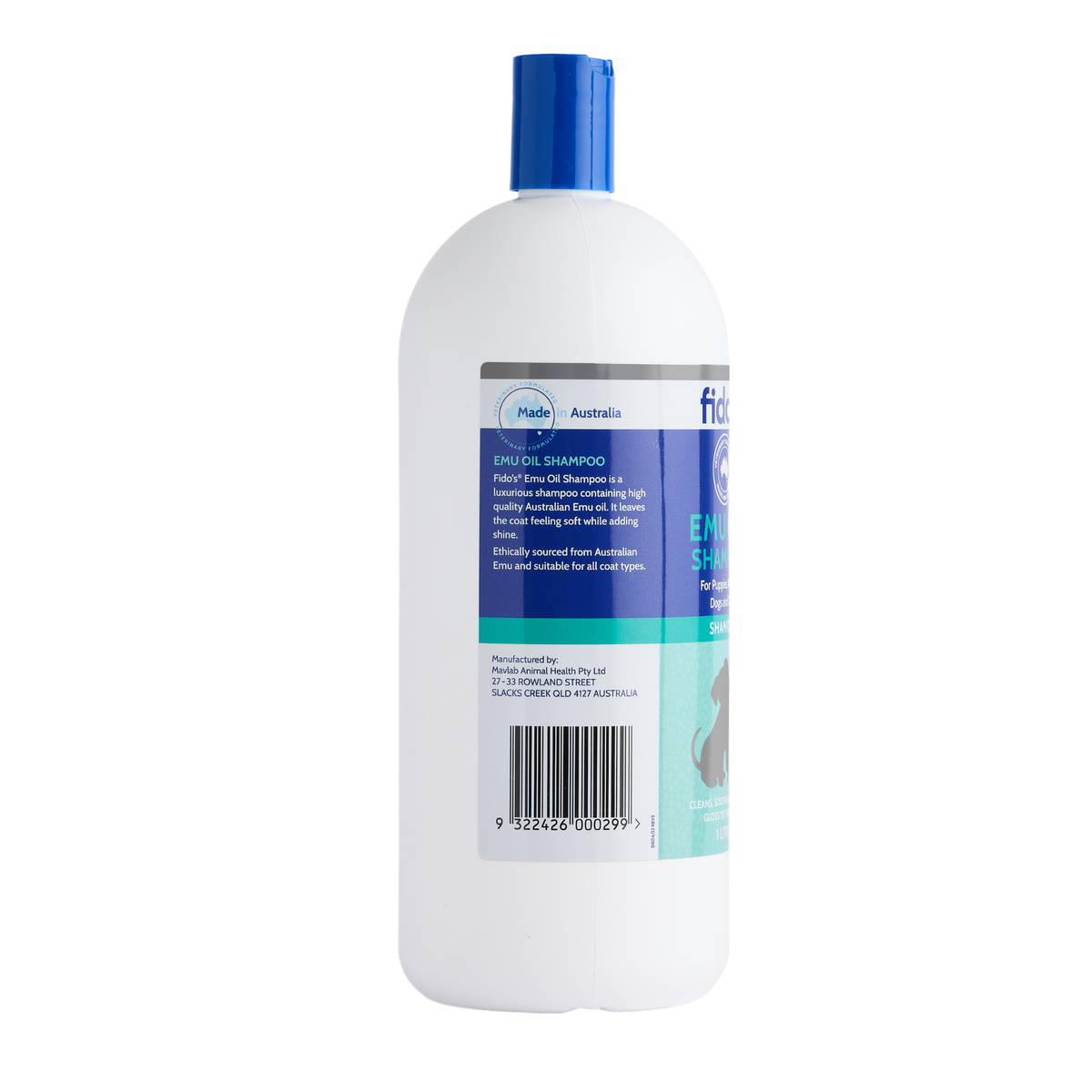 Fido's Emu Oil Shampoo 1 L bottle, left side of pack