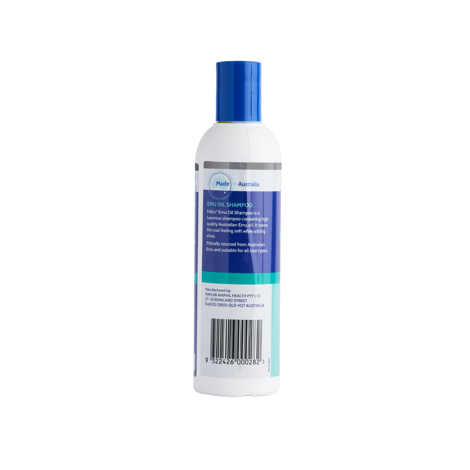 Fido's Emu Oil Shampoo 250 mL bottle, left side of pack