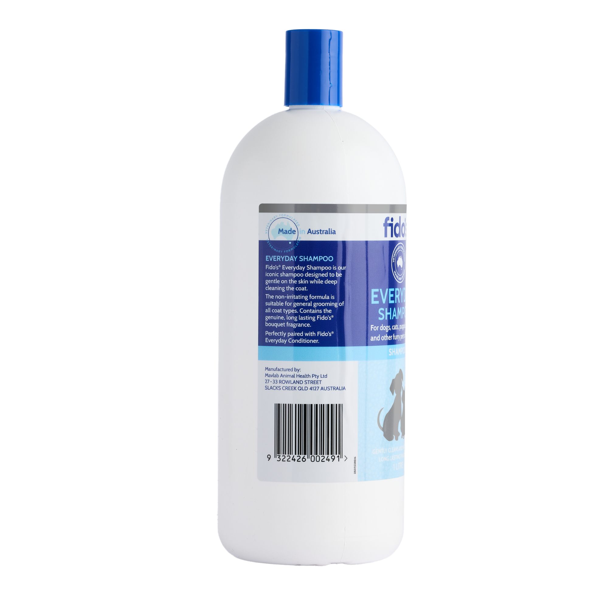 Fido's Everyday Moisturising Shampoo 1 L bottle, left side of pack