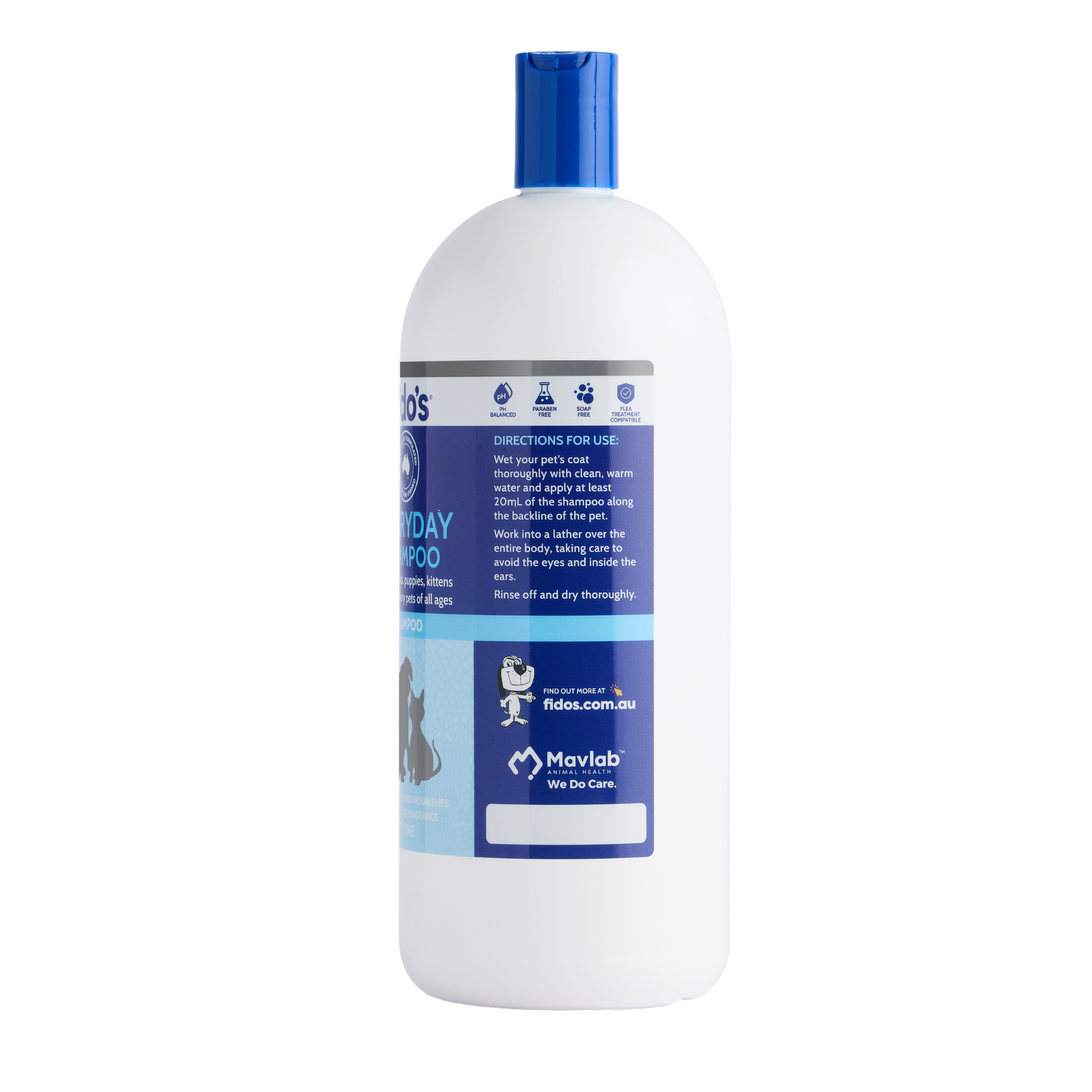 Fido's Everyday Moisturising Shampoo 1 L bottle, right side of pack