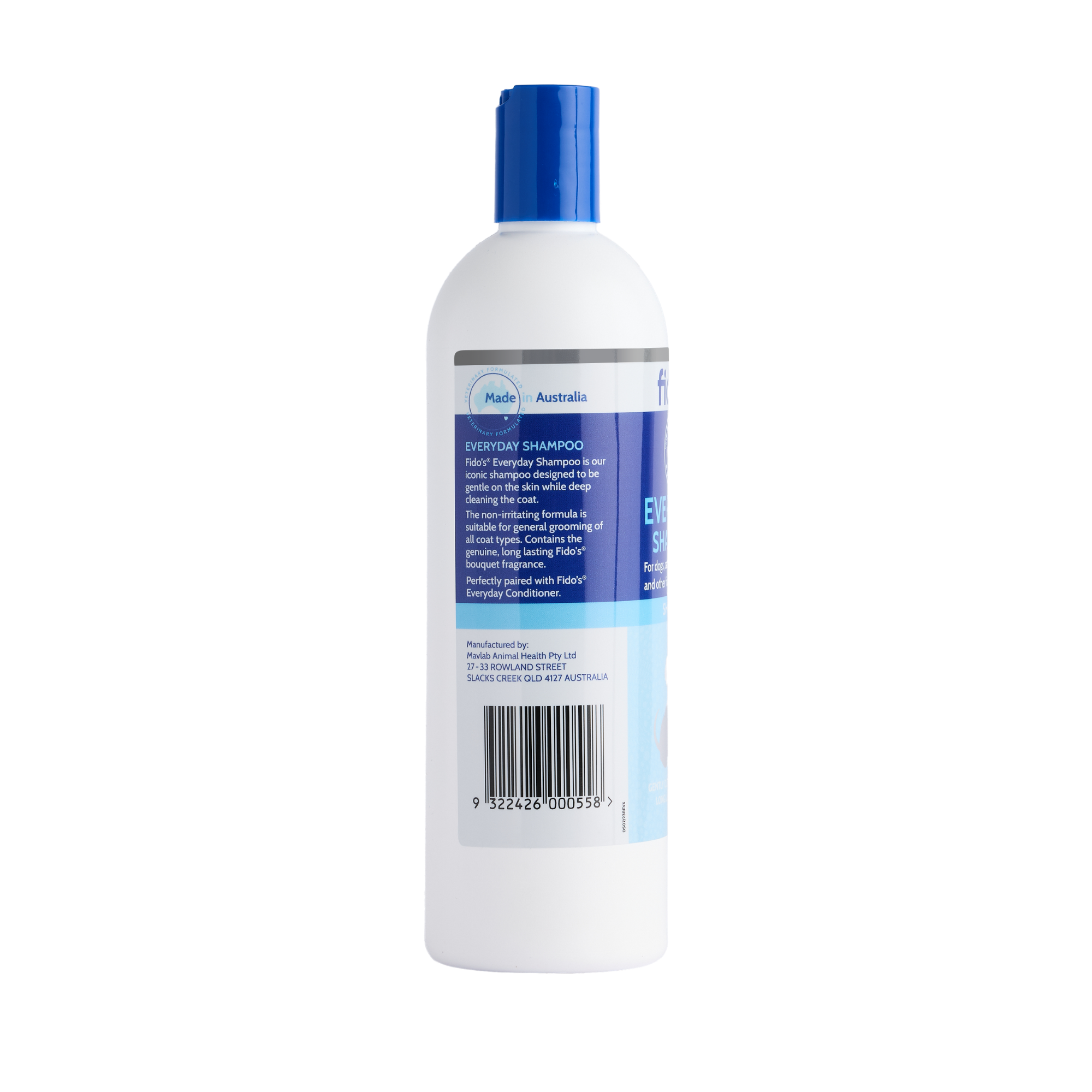 Fido's Everyday Moisturising Shampoo 500 mL bottle, left side of pack