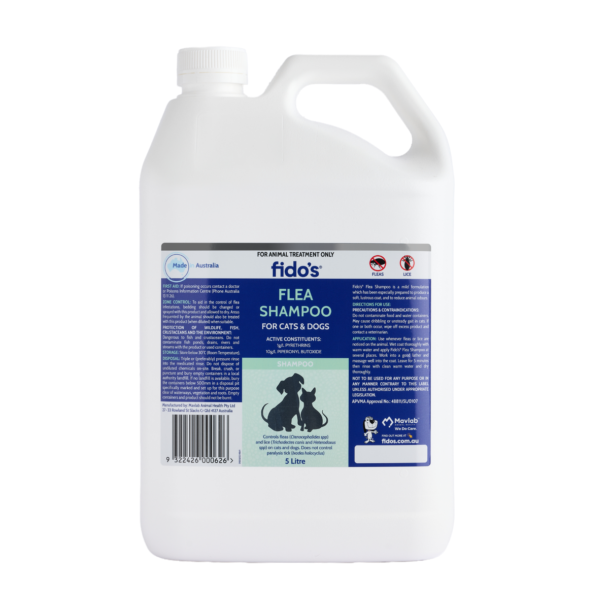 Fido's Flea Shampoo for cats and dogs, 5 L container with handle, front label