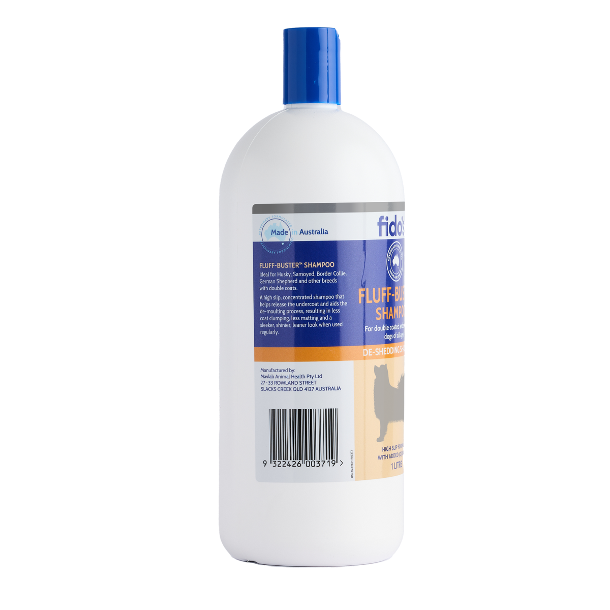 Fido's Fluff-Buster Shampoo 1 L bottle, left side of pack