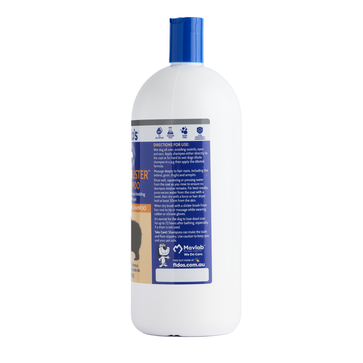 Fido's Fluff-Buster Shampoo 1 L bottle, right side of pack