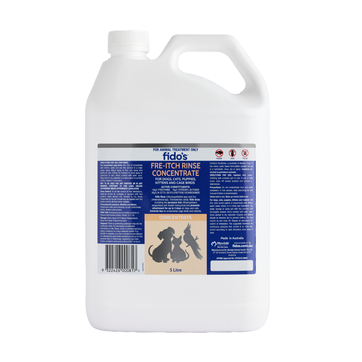 Fido's Fre-Itch Rinse Concentrate for dogs, cats and cage birds, 5 L container with handle, front label