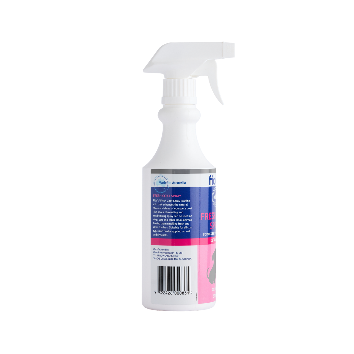 Fido's Fresh Coat Spray 500 mL bottle, left side of pack