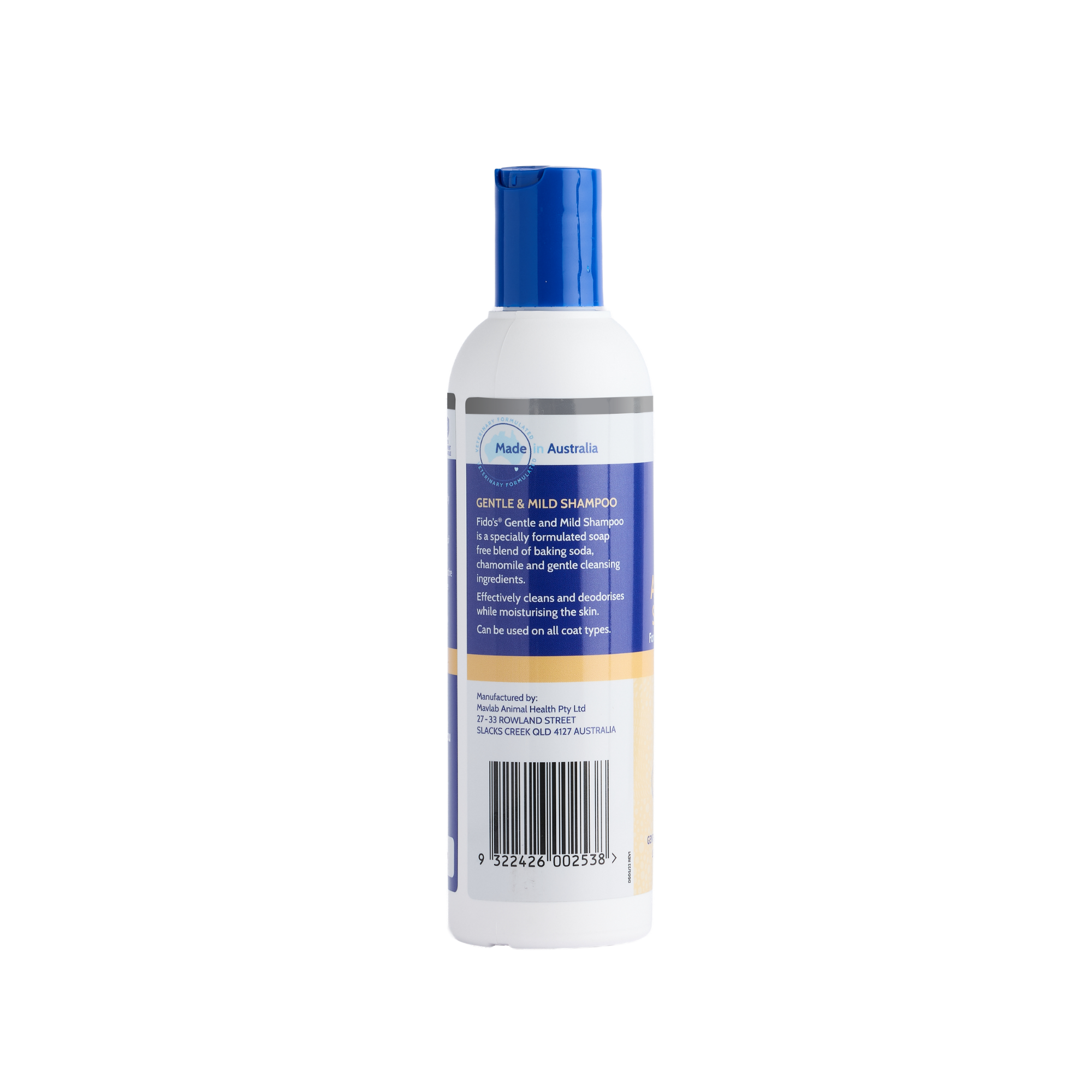 Fido's Gentle and Mild Shampoo 250 mL bottle, left side of pack