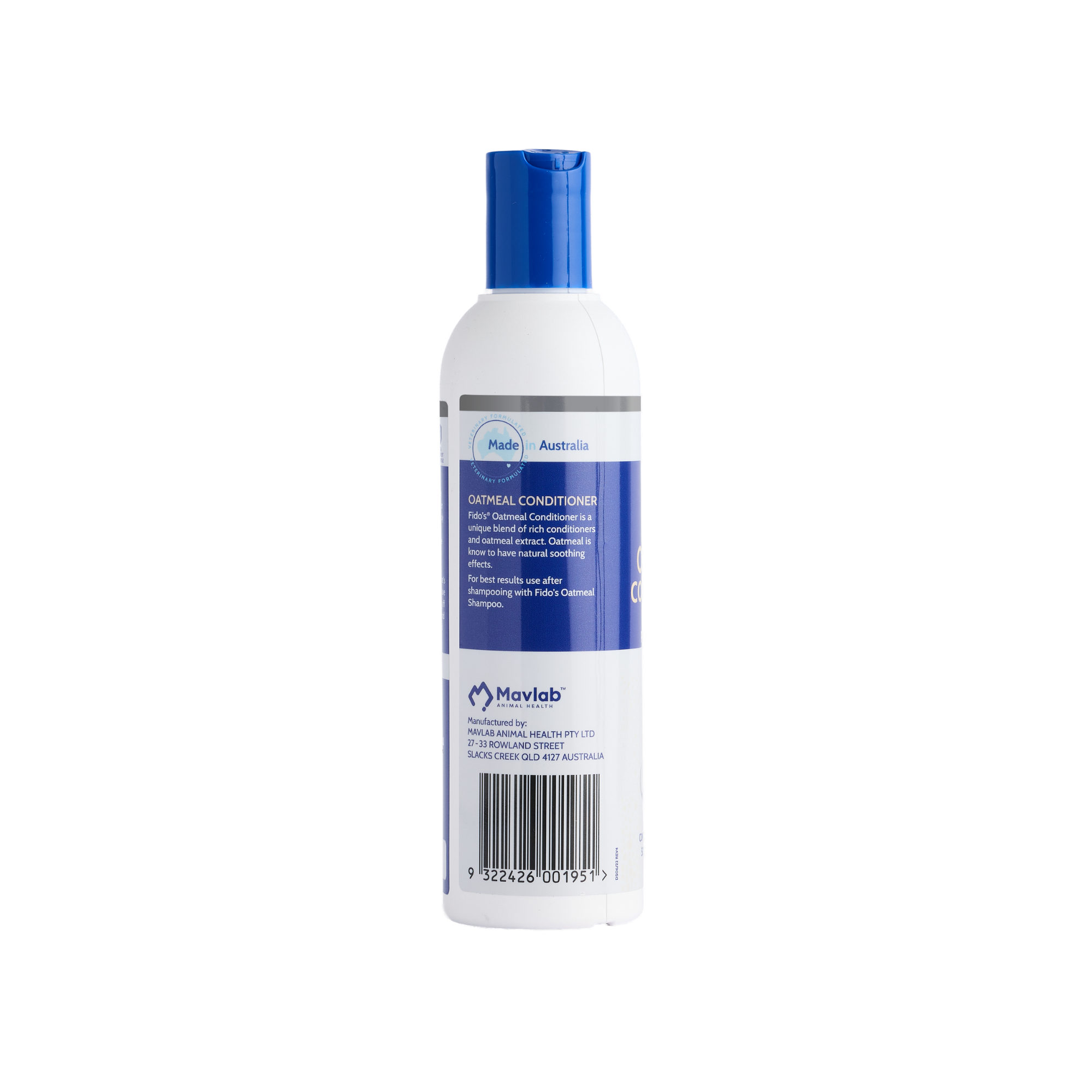Fido's 2.5% Oatmeal Conditioner 250 mL bottle, left side of pack