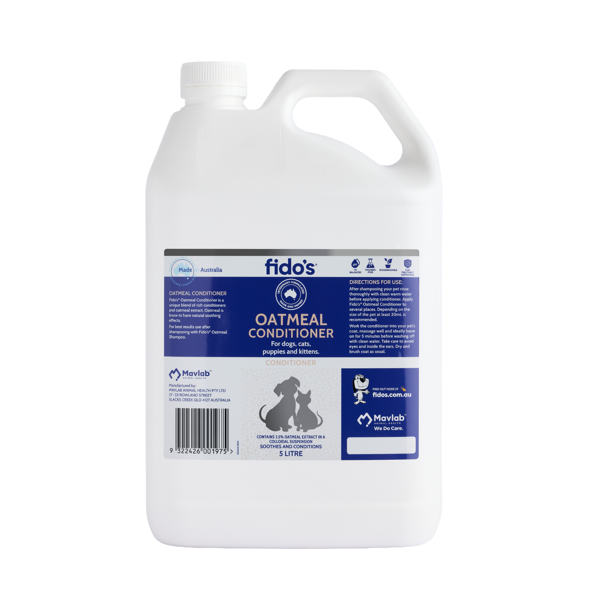 Fido's 2.5% Oatmeal Conditioner for dogs and cats, 5 L container with handle, front label