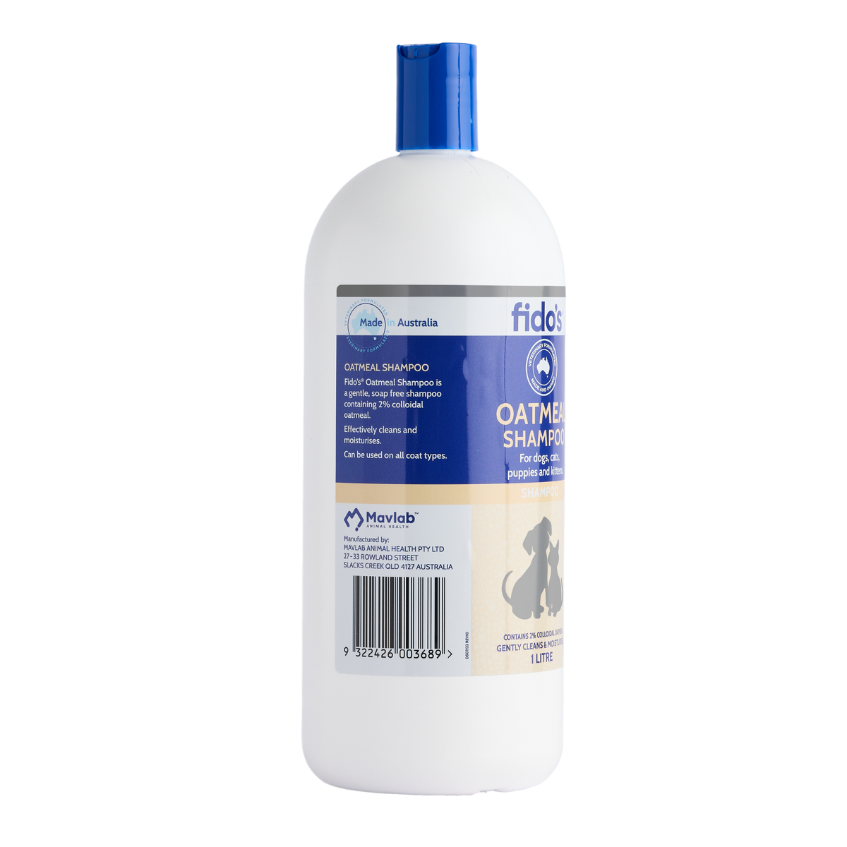 Fido's Oatmeal Shampoo 1 L bottle, left side of pack