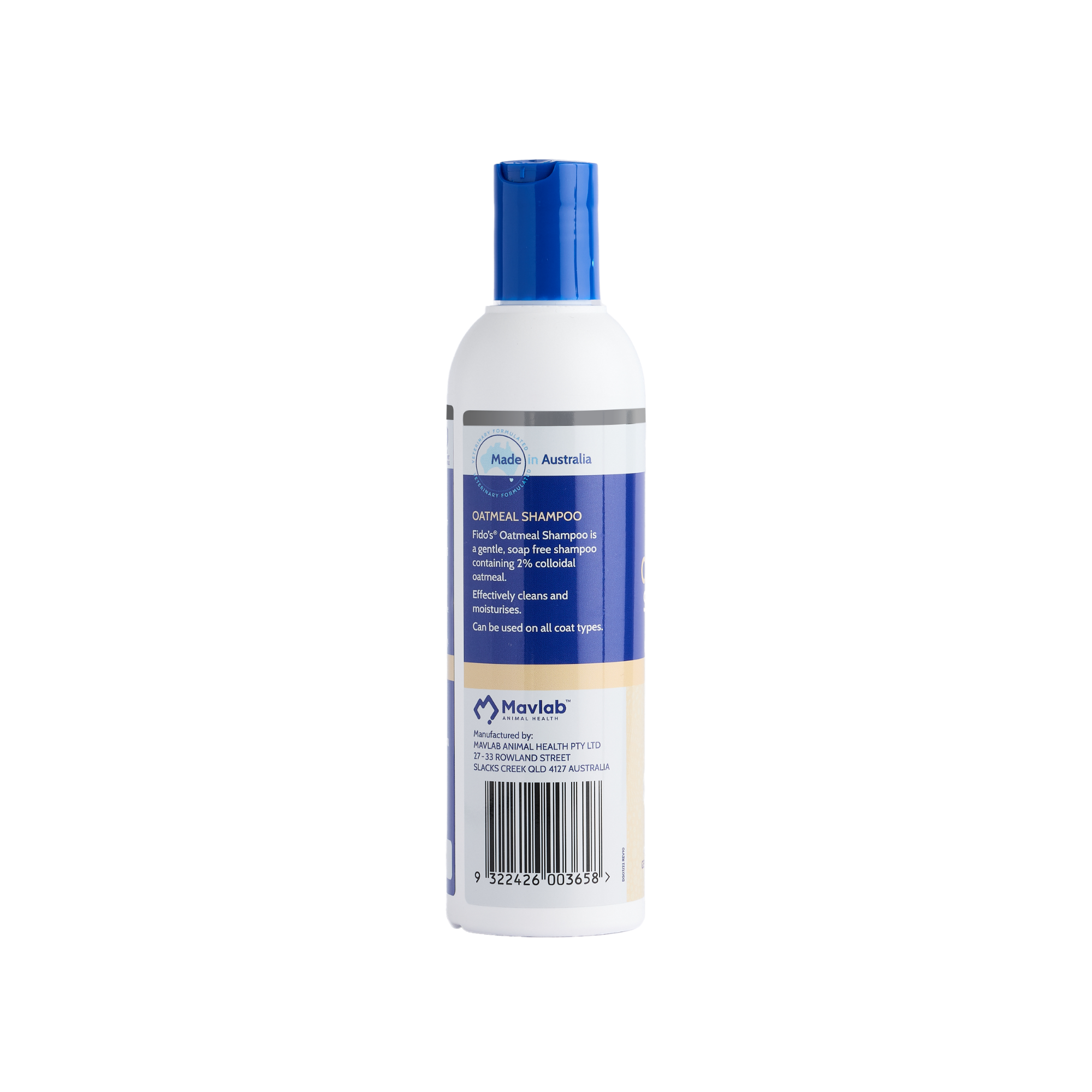 Fido's Oatmeal Shampoo 250 mL bottle, left side of pack