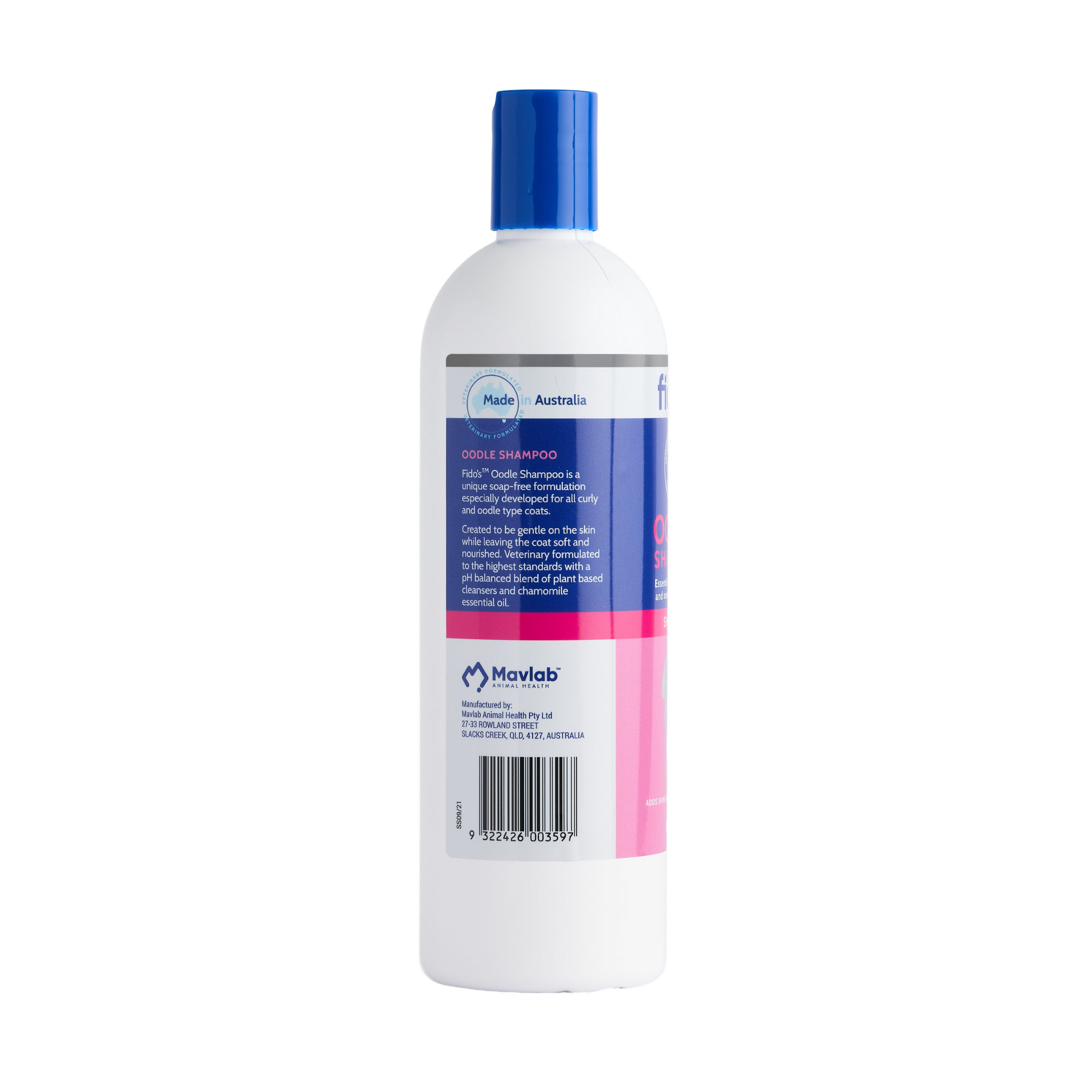 Fido's Oodle Shampoo 500 mL bottle, left side of pack