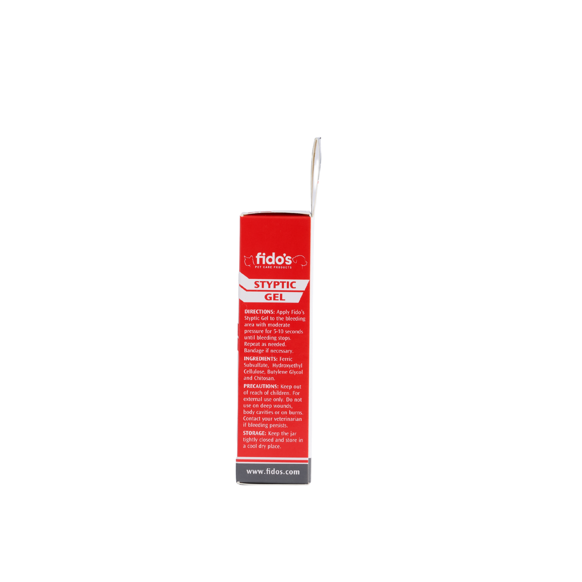 Fido's Styptic Gel red retail hanging card, edge on, showing the product information panel