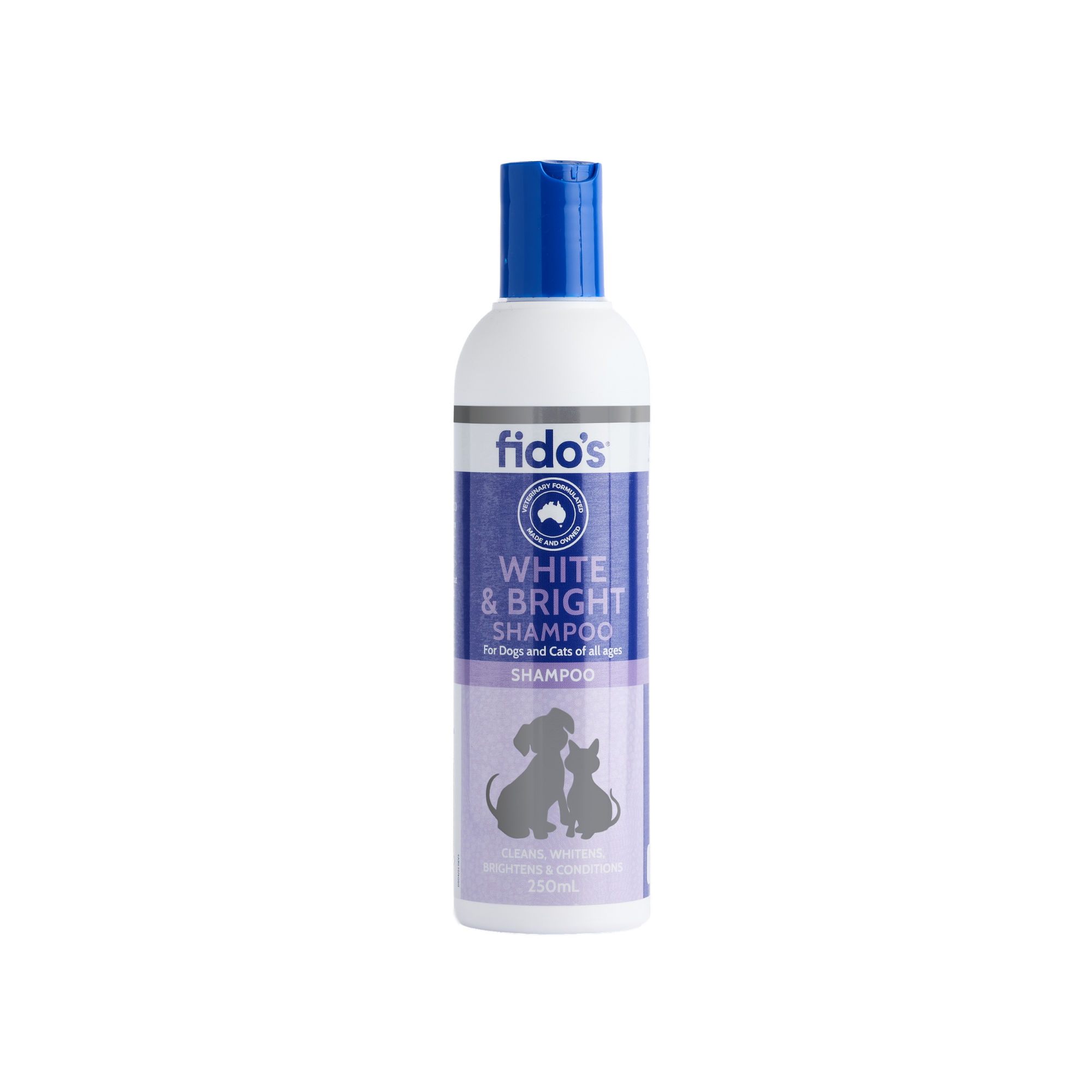 Fido's White and Bright Shampoo for dogs and cats 250 mL bottle, front of pack