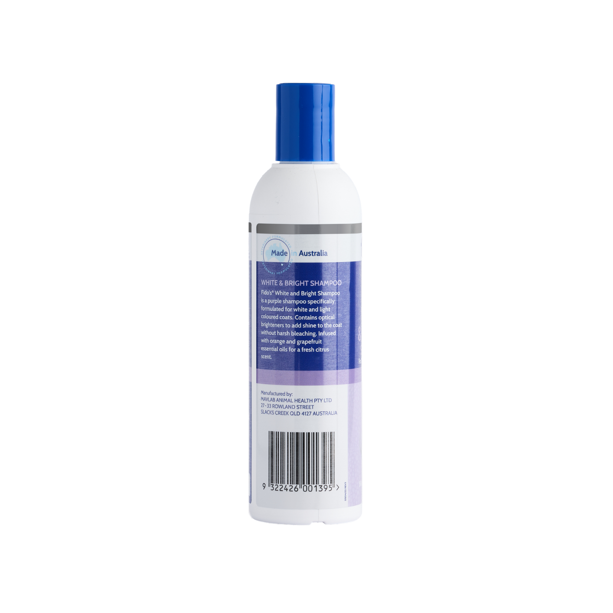 Fido's White and Bright Shampoo 250 mL bottle, left side of pack