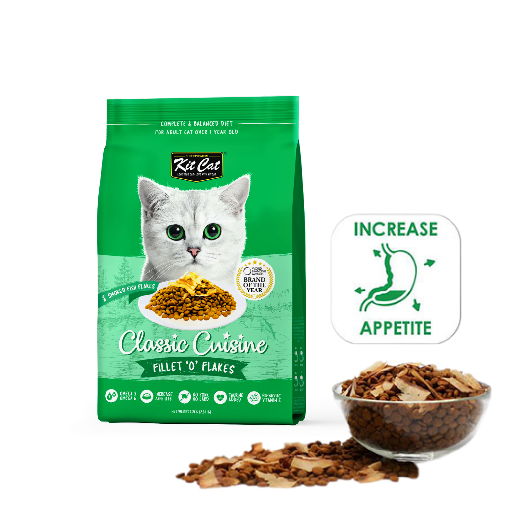 Kit Cat Fillet O Flakes dry cat food pack with kibble and bonito flakes