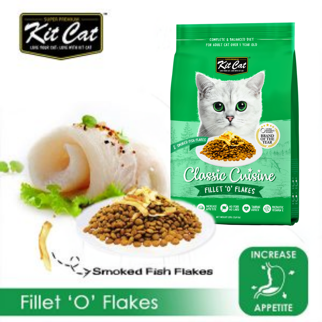 Kit Cat Fillet O Flakes dry cat food for picky eaters banner