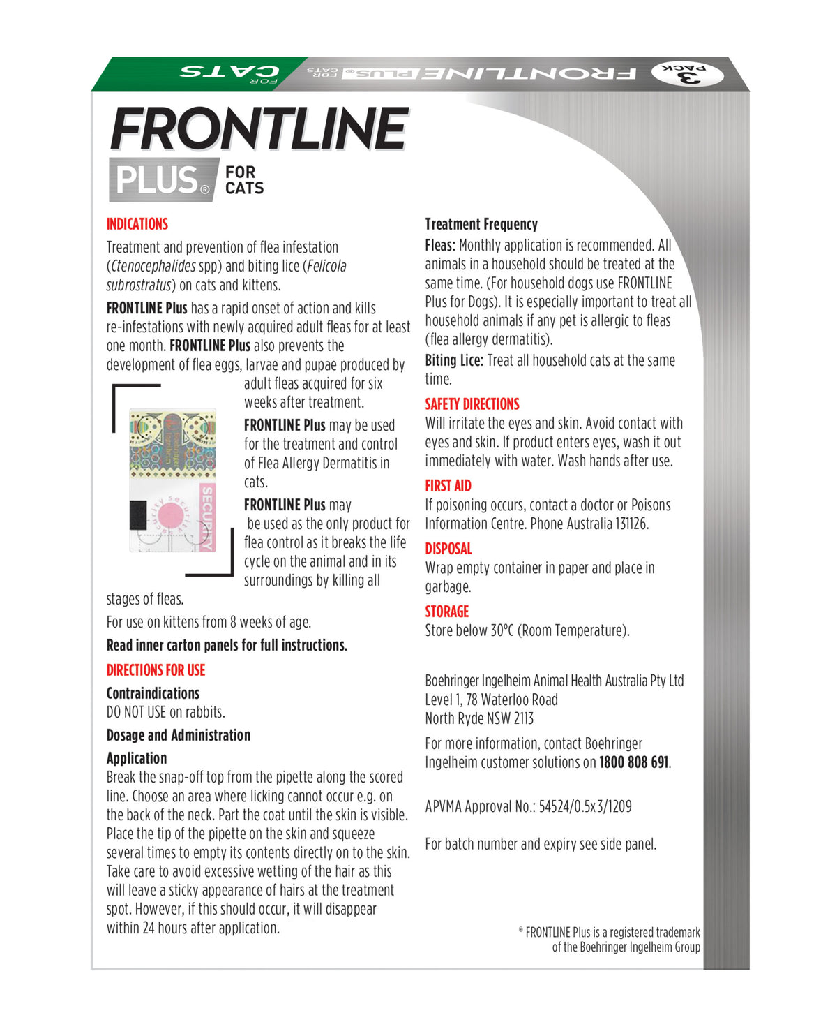 Back of the Frontline Plus for Cats three-pipette carton, with the label text