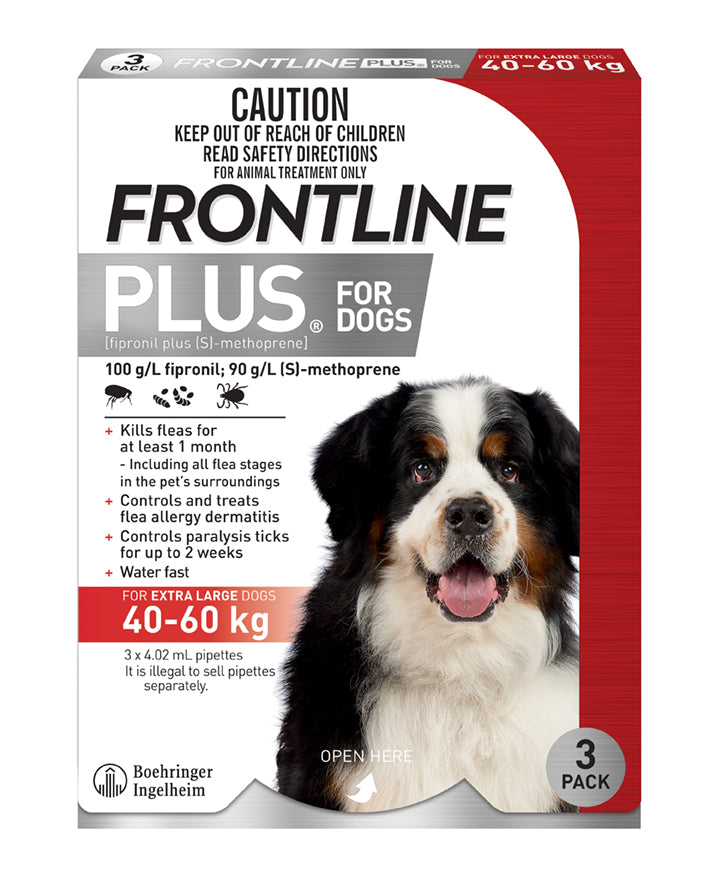 Frontline Plus for Dogs carton, red 40-60 kg band, three pipettes