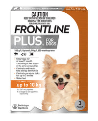 Frontline Plus for Dogs carton, orange up-to-10 kg band, three pipettes