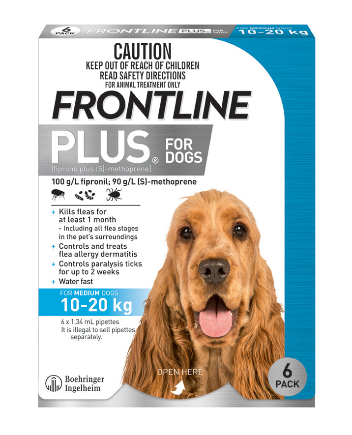 Frontline Plus for Dogs carton, blue 10-20 kg band, six pipettes