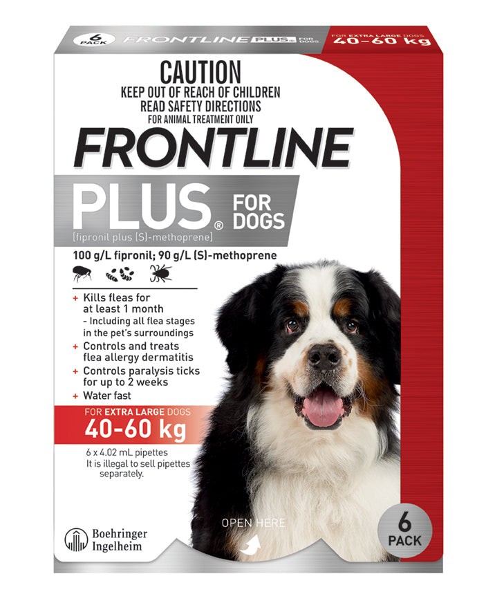 Frontline Plus for Dogs carton, red 40-60 kg band, six pipettes