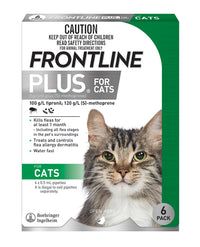 Frontline Plus for Cats carton, green pack, six pipettes, front of pack